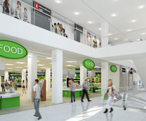 Wizualizacja supermarketu spożywczego w podziemiach galerii Ferio Wawer w Warszawie