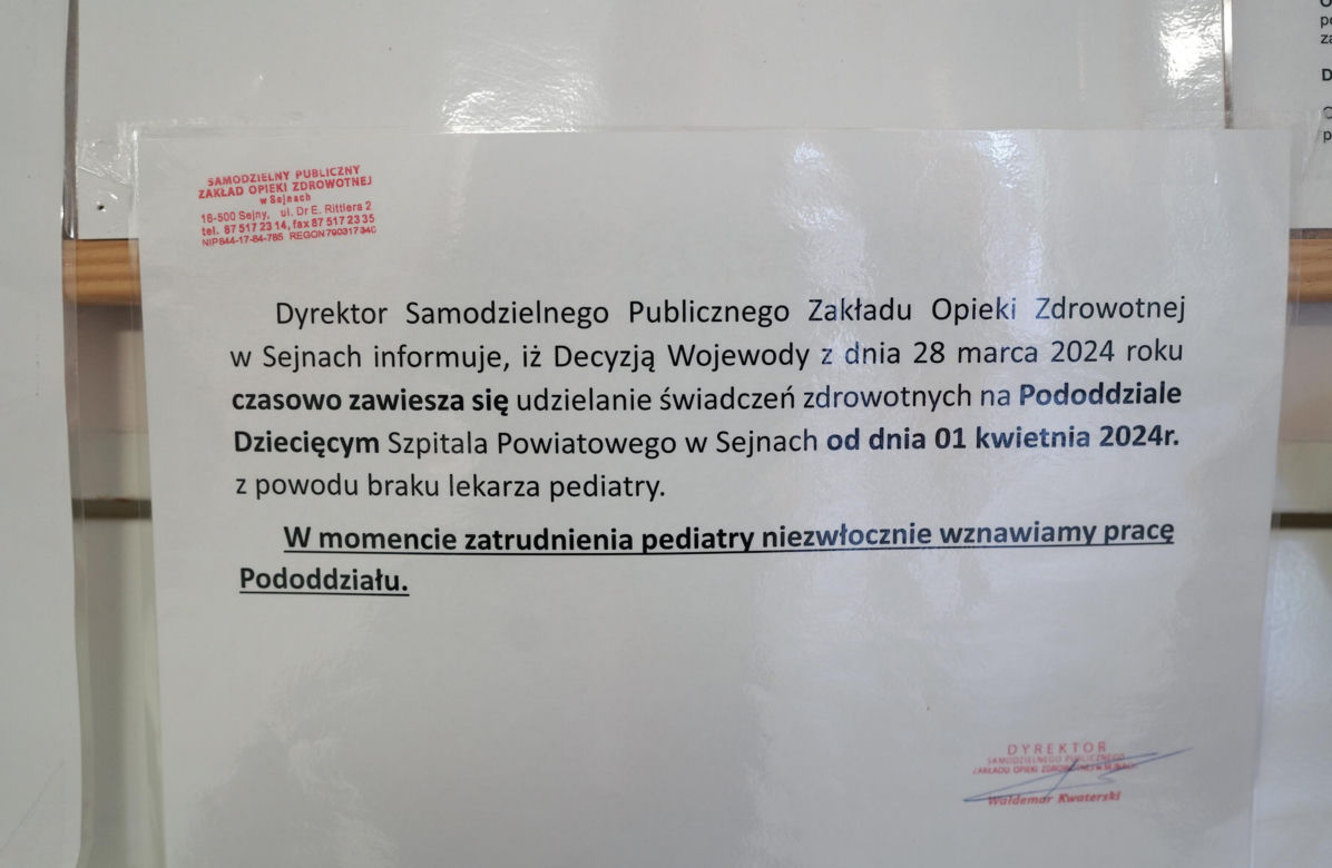 W szpitalu w Sejnach zamknięto oddział dziecięcy, bo nie ma pediatry