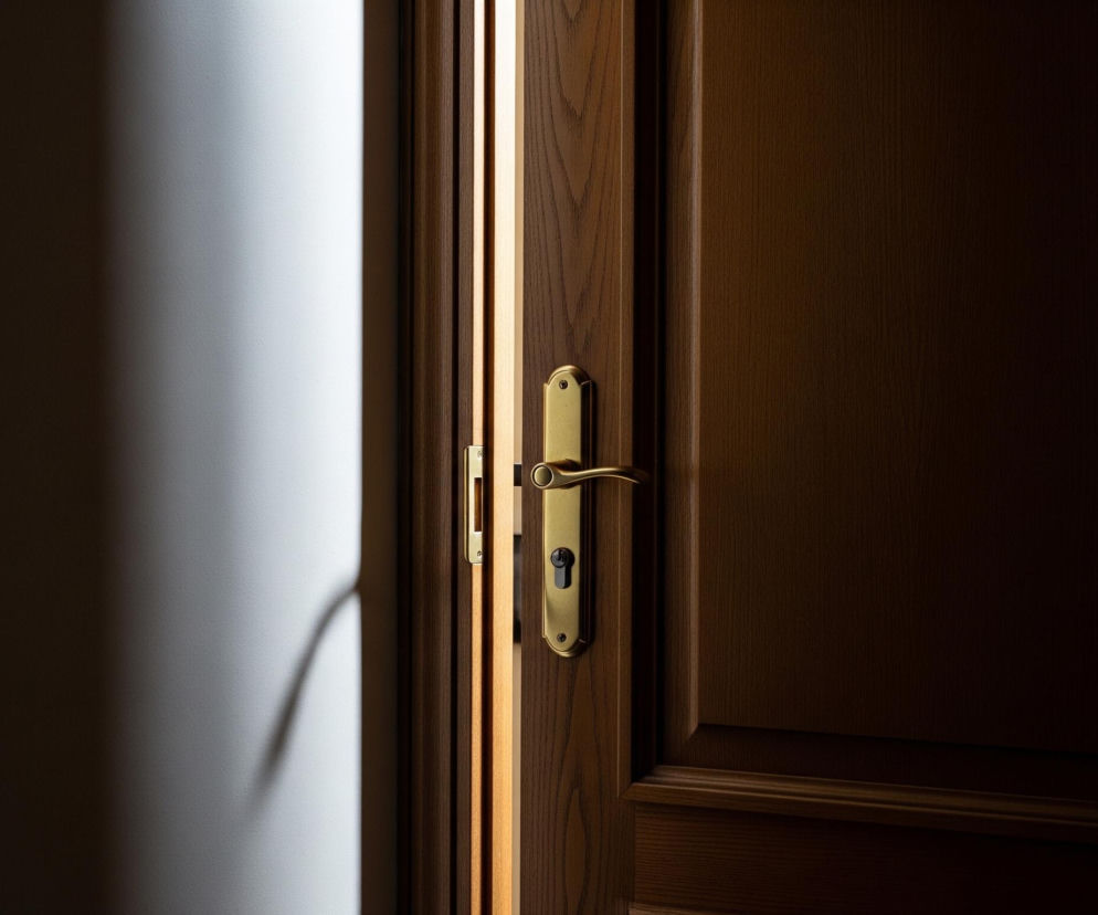 Drewniane, brązowe drzwi są uchylone, ukazując jasne wnętrze. Z prawej strony widać fragment skrzydła drzwiowego z ozdobnymi panelami, wyposażonego w złotą klamkę z zamkiem, podczas gdy z lewej dominuje ciemna ściana, na którą pada światło tworzące miękki cień. W szczelinie między drzwiami a framugą przebija się intensywne, pionowe pasmo jasnego światła.