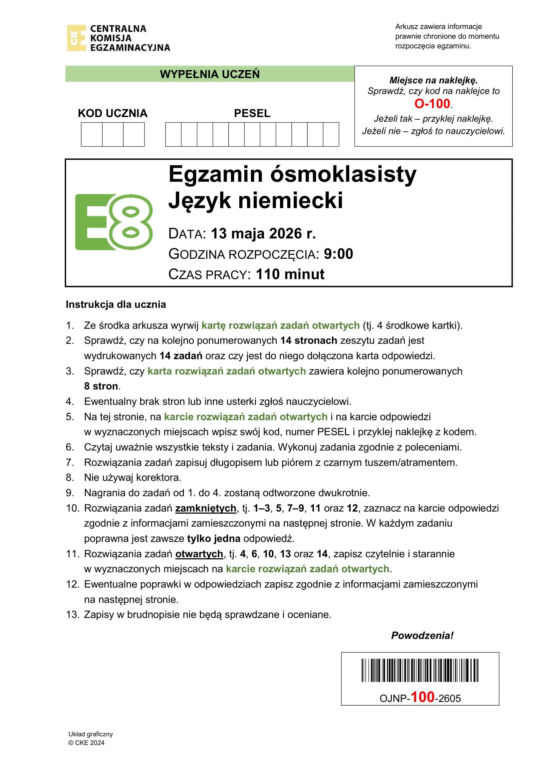 Egzamin ósmoklasisty 2026 niemiecki: Arkusze CKE i odpowiedzi - sprawdź, czy zdałeś! 13.05.2026
