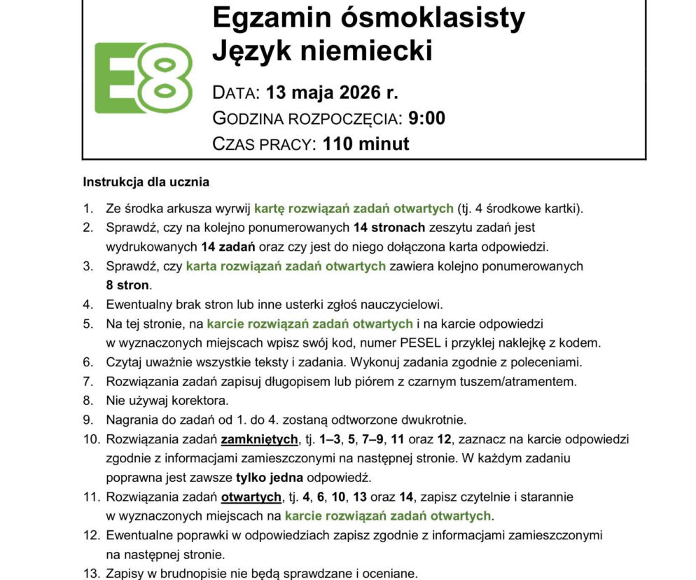 Egzamin ósmoklasisty 2026 język niemiecki. Odpowiedzi, arkusze CKE [13.05.2026]