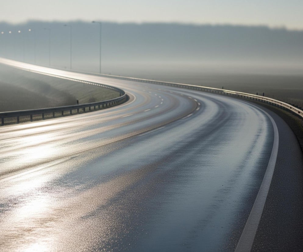 Mokra, ciemnoszara autostrada z dwoma pasami ruchu biegnie łagodnym łukiem w prawo, odbijając jasne, rozproszone światło. Po obu stronach drogi ciągnie się metalowa barierka ochronna, a za nią widać trawiaste pobocze. W oddali, po lewej stronie drogi, stoją słupy latarni ulicznych, a horyzont zakrywa gęsta mgła, ponad którą zarysowuje się ciemny pas lasu.