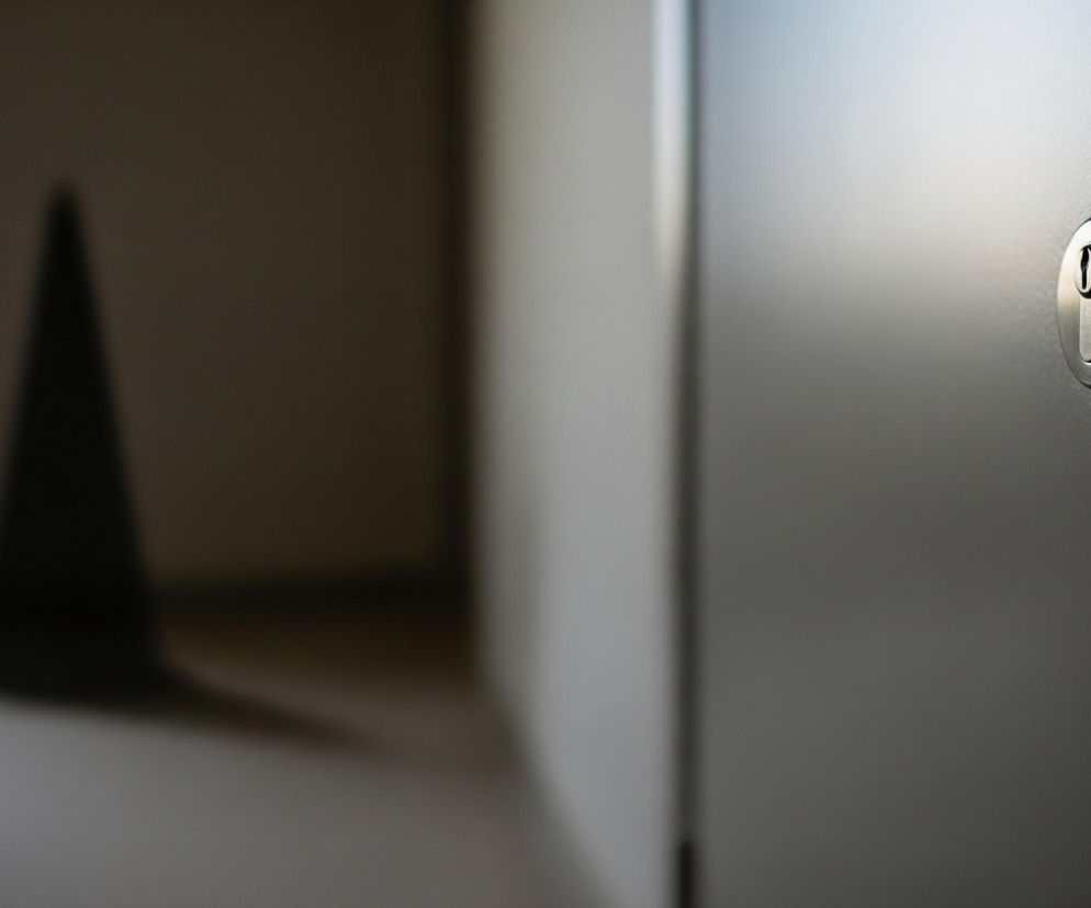 Po prawej stronie znajduje się zbliżenie na srebrną wkładkę zamka, osadzoną w płaszczyźnie drzwi w odcieniach szarości, która zajmuje prawą część kadru. Element ten jest wyraźnie oświetlony i ostry. W tle, po lewej stronie obrazu, widać rozmyty ciemny stożkowaty kształt stojący na jasnej podłodze, z otoczeniem również w tonacji szarości.