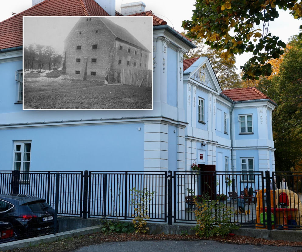 Błękitny budynek przedszkola przy ulicy Solec. Na miniaturze stary, murowany spichlerz. Historię posesji poznasz na SE.