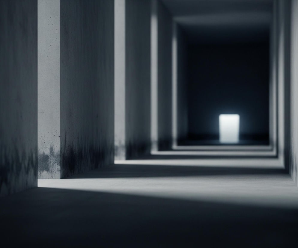 Długi, prosty korytarz o betonowych ścianach i podłodze biegnie od pierwszego planu w głąb obrazu. Po lewej stronie widoczne są regularnie rozmieszczone, pionowe, prostokątne filary lub panele, tworzące wnęki lub przejścia; najbliższy filar na pierwszym planie ma ciemne zacieki u dołu. Po prawej stronie widać tylko ciemną ścianę, z drobnymi rozjaśnieniami światła odbitego. Na końcu korytarza, w centralnej części, znajduje się jasny, biały prostokąt, wyglądający jak źródło światła lub otwarta przestrzeń, która stanowi jedyny jasny punkt w głębi tego ciemnego i monochromatycznego otoczenia. Całość utrzymana jest w chłodnej palecie szarości, czerni i bieli, z efektem zamglonego światła w oddali.