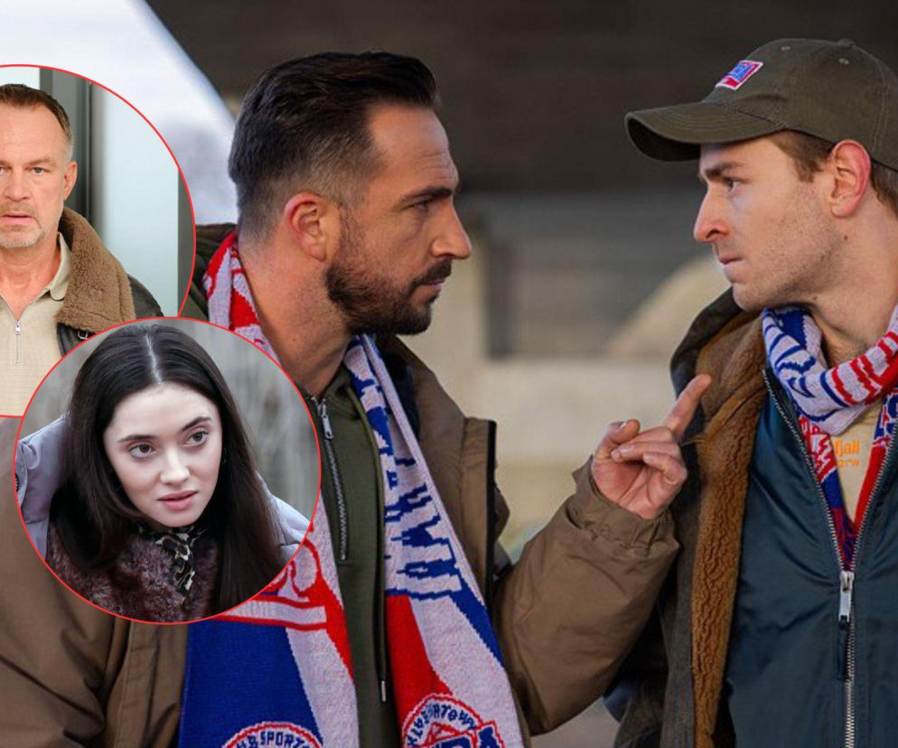 Mężczyzna w brązowej kurtce i szaliku w barwach narodowych rozmawia z młodszym mężczyzną w czapce, wskazując palcem. W tle widoczne są okrągłe wstawki z wizerunkami mężczyzny w brązowej kurtce z kołnierzem oraz młodej kobiety. Zdjęcie ilustruje odcinek serialu Pierwsza miłość, gdzie Angelika i Eliza składają szokujące zeznania. Więcej na ten temat znajdziesz na stronie Super Seriale.