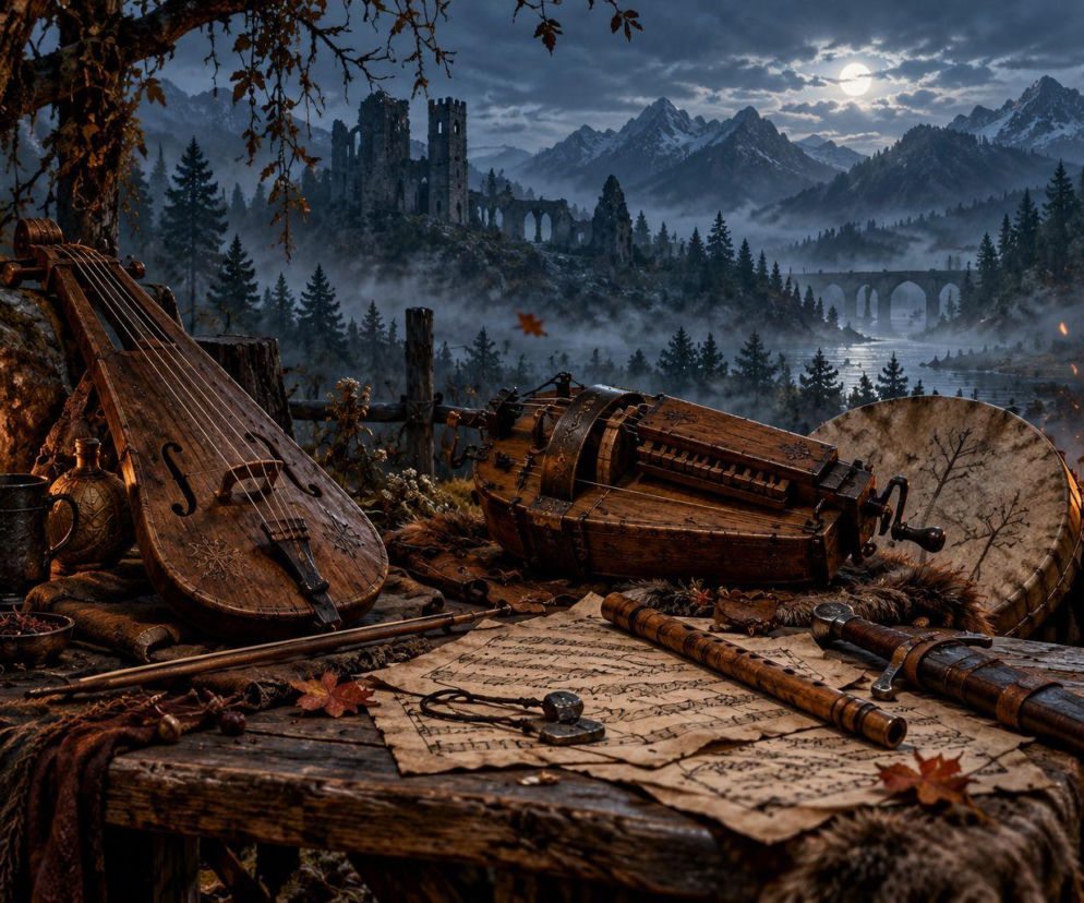 Instrumenty ludowe, nuty i miecz wiedźmina na stole. W tle zamek i góry. O nowej muzyce z Wiedźmina przeczytasz w Eska2.