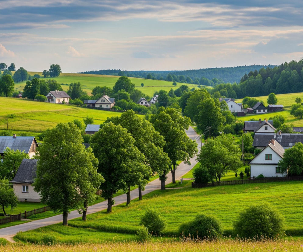 Na zdjęciu widoczna jest wiejska panorama z dominującymi zielonymi wzgórzami, na których rozlokowane są pojedyncze domy. Przez centrum krajobrazu wije się asfaltowa droga, obsadzona po obu stronach rzędem drzew liściastych o intensywnie zielonych koronach. Domy, przeważnie o jasnych ścianach i ciemnych, spadzistych dachach, są rozproszone wśród bujnej roślinności. W oddali, na horyzoncie, rozciąga się pas ciemnozielonego lasu pod częściowo zachmurzonym niebem.