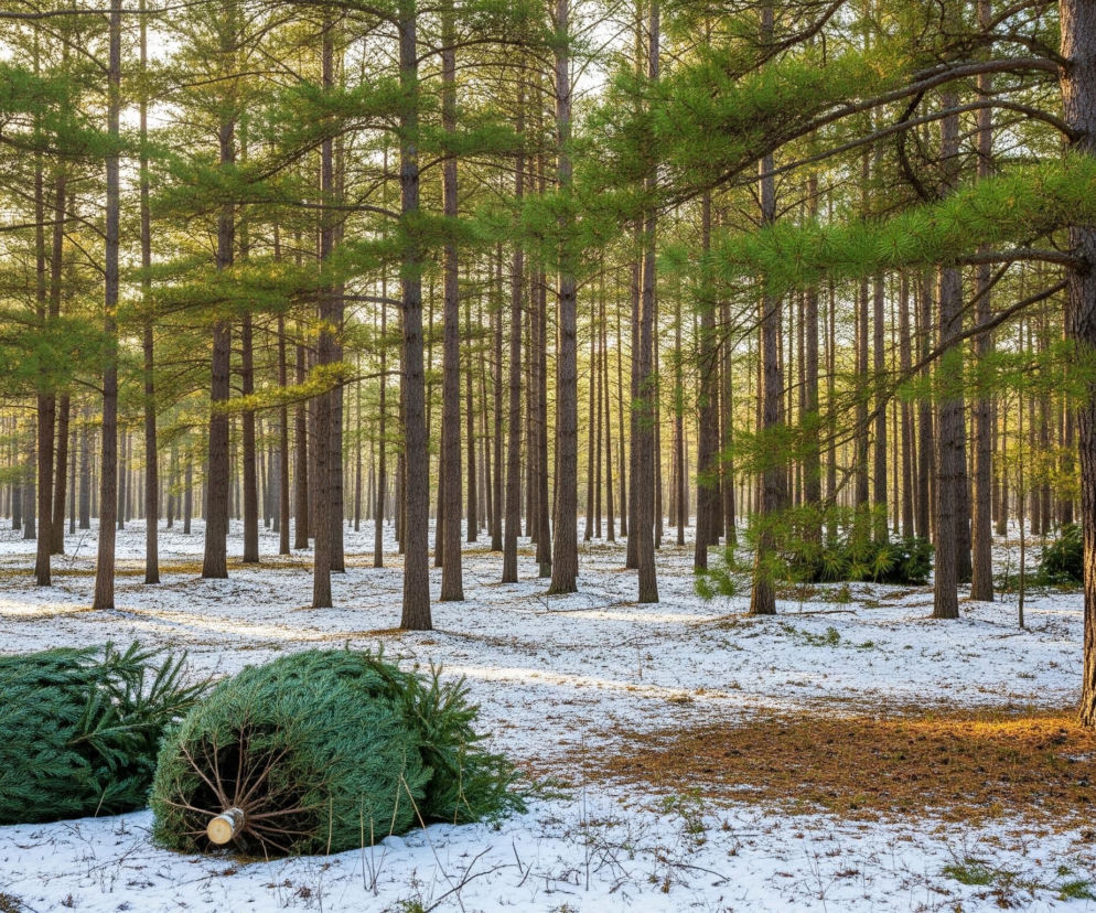 Las sosnowy pokryty jest cienką warstwą śniegu, przeplataną fragmentami brązowych igieł. Dwa ścięte drzewa iglaste, o intensywnie zielonych igłach, leżą na śniegu na pierwszym planie, z widocznymi świeżo ściętymi pniami. Liczne pnie sosen wznoszą się pionowo ku górze, a ich korony z zielonymi igłami rozświetlone są żółtym światłem słońca, przenikającym przez drzewa.