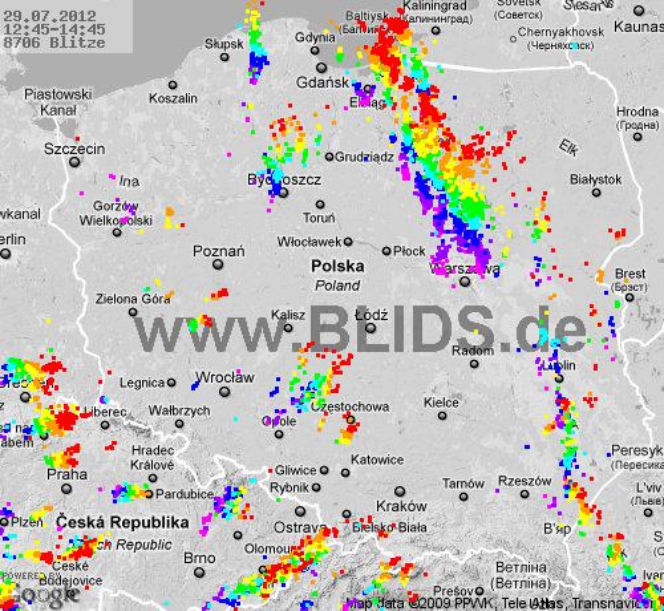 Burze w Polsce, 29.07.2012 - MAPA z godz. 12.45 - 14.45