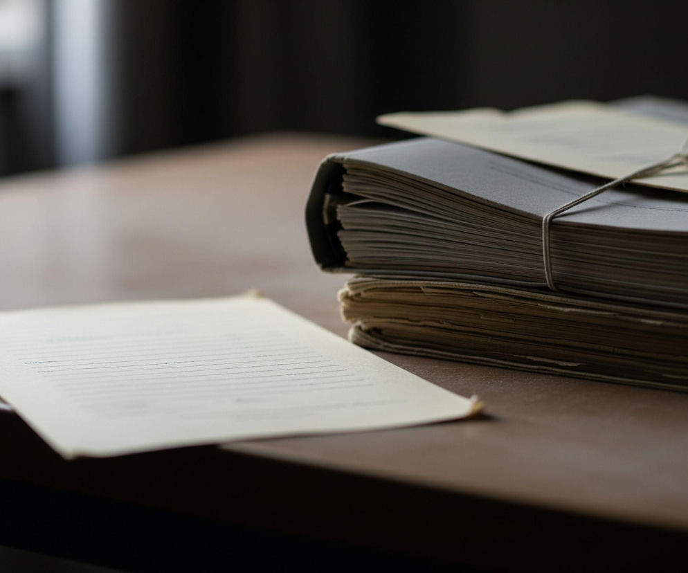 Na brązowym, drewnianym biurku leży stos starych dokumentów przewiązanych sznurkiem, z widoczną górną warstwą w jasnym, kremowym odcieniu i spodem w ciemniejszej szarości. Obok stosu, po lewej stronie, leży pojedyncza kartka papieru w kolorze kremowym z delikatnymi liniami, z lekko zagiętymi rogami. Tło jest rozmyte, ciemne, z jaśniejszym obszarem w lewym górnym rogu.