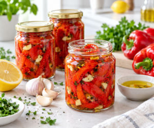 Papryka pieczona do słoików. Najpierw mocno ją przypiekam, potem obieram i zalewam czosnkową marynatą