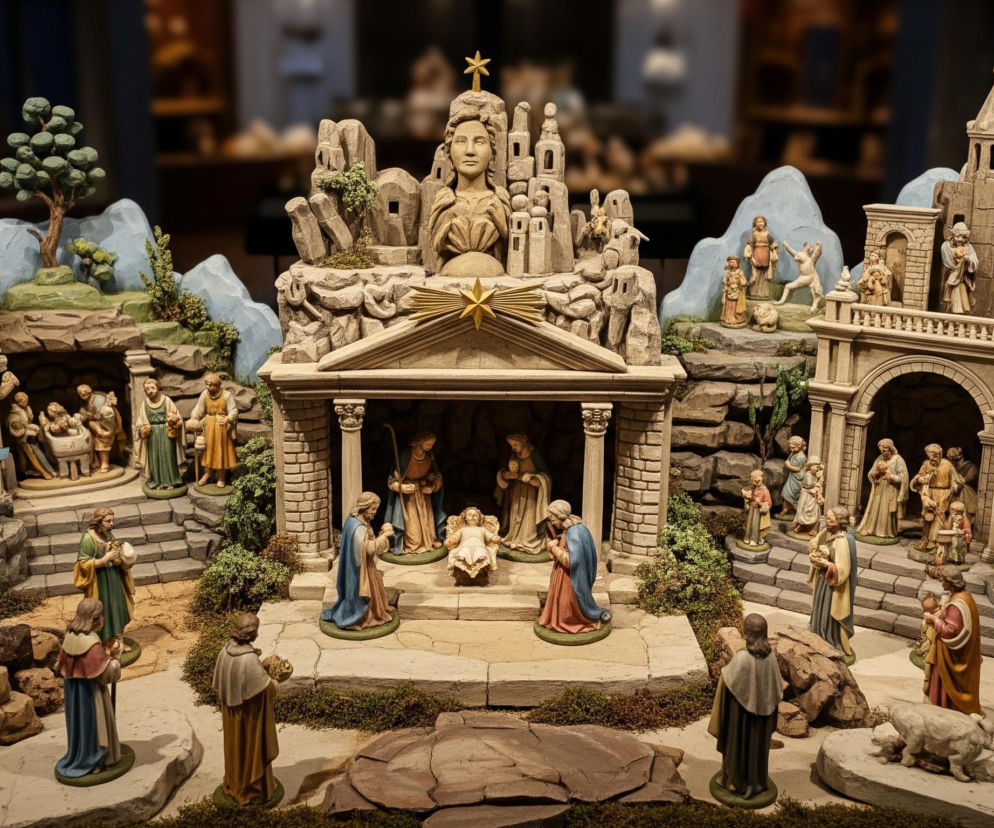 Centralnym elementem obrazu jest duża, szczegółowa szopka bożonarodzeniowa, przedstawiająca scenę narodzin Jezusa oraz otaczający ją krajobraz. W centrum, pod zadaszeniem wspartym na kolumnach, znajdują się figury Maryi, Józefa i Dzieciątka Jezus leżącego w żłobie. Nad zadaszeniem, na szczycie kamiennych formacji, wznosi się duża rzeźba ludzkiej głowy otoczonej stylizowanymi wieżami i symbolami, a także złotą gwiazdą.

Wokół centralnej sceny rozmieszczone są liczne figurki ludzi i zwierząt, ubranych w stroje o różnych kolorach, takich jak beż, brąz, czerwień, zieleń i błękit. Miniaturowy krajobraz zbudowany jest z kamiennych struktur, skalistych wzgórz w odcieniach szarości i błękitu, oraz niewielkich drzew i krzewów o zielonym listowiu. Po lewej stronie widać wysoką dzwonnicę z kopułą, a po prawej stronę strukturę przypominającą most lub arkadę z wieżą.