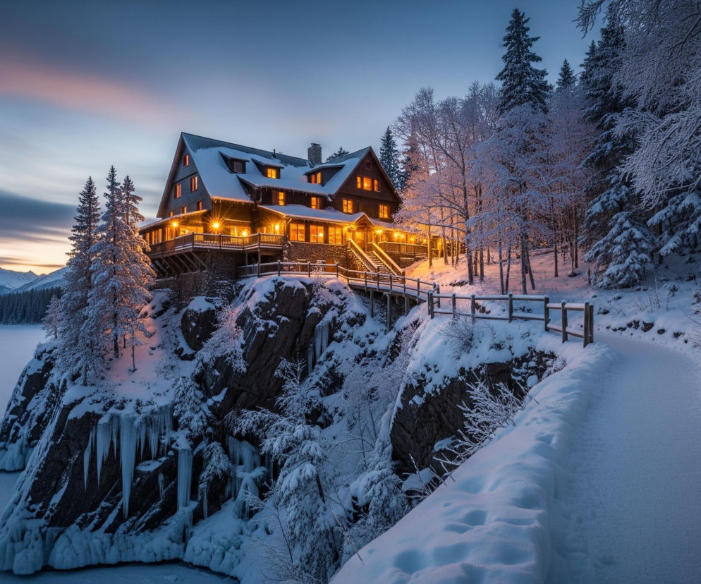 Duży, drewniany budynek o brązowych ścianach i ciemnym dachu pokrytym śniegiem stoi na skalistym, ośnieżonym wzniesieniu. Liczne okna budynku oraz lampy na tarasach i balkonie świecą ciepłym, pomarańczowym światłem, kontrastującym z chłodnym błękitem otoczenia. Wokół budynku i na skałach zwisają długie sople lodu, a drzewa i krzewy są obficie pokryte białym śniegiem. Z prawej strony obrazu widoczna jest zaśnieżona ścieżka z drewnianym ogrodzeniem, prowadząca w stronę budynku i wzdłuż zalesionego, również ośnieżonego zbocza. W tle rozciąga się zamarznięte jezioro lub rzeka, za którą majaczą ośnieżone szczyty górskie pod niebem z różowymi i błękitnymi smugami zachodu słońca.
