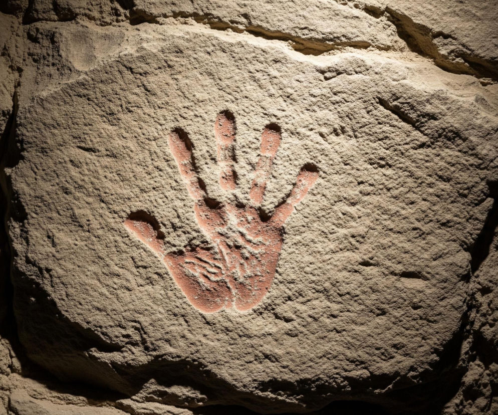 Centralnym elementem obrazu jest duży, reliefowy odcisk ludzkiej dłoni w kolorze rdzawo-czerwonym, wyróżniający się na jasnobeżowej, ziarnistej powierzchni przypominającej skałę. Dłoń jest rozpostarta, z wyraźnie widocznymi palcami i kciukiem. Tekstura tła jest nierówna i porowata, z widocznymi licznymi małymi grudkami i zagłębieniami. Całość jest oświetlona z lewej strony, tworząc kontrastowe cienie po prawej stronie dłoni i na brzegach formacji skalnej, która otacza centralny, jaśniejszy obszar.