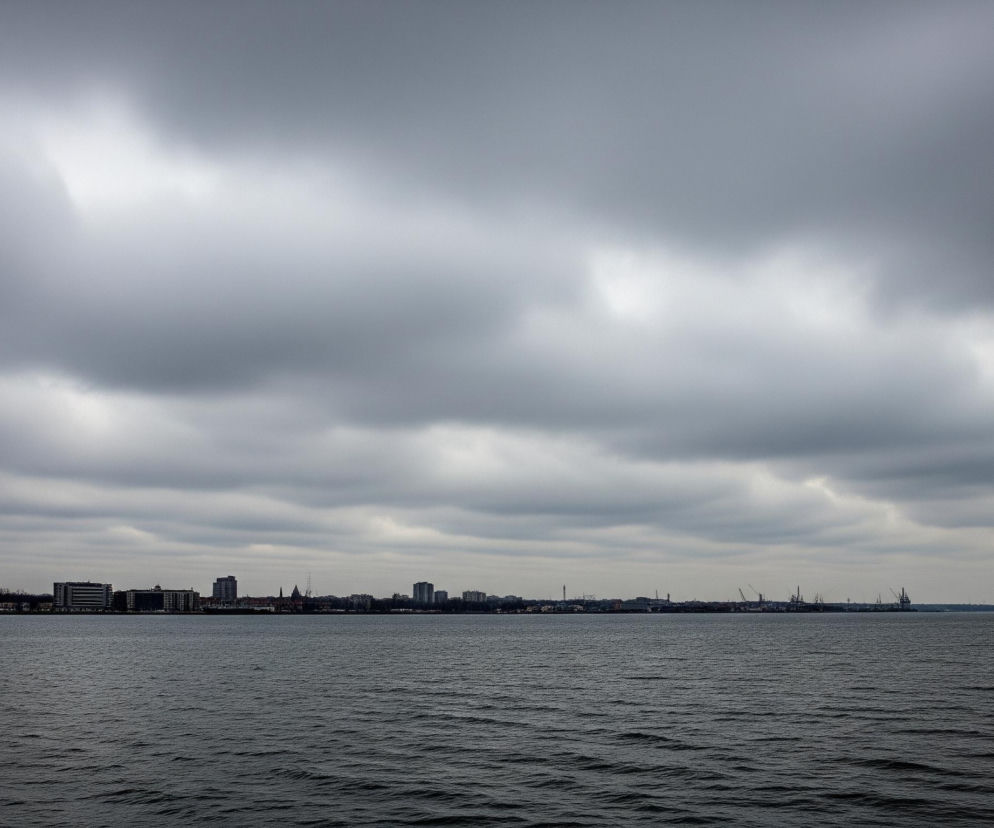 Krajobraz miejski w oddali, z dominującymi odcieniami szarości i granatu, rozciąga się pod zachmurzonym niebem. Na pierwszym planie ciemna, falująca powierzchnia wody, prawdopodobnie morza lub dużej zatoki, zajmuje dolną połowę obrazu. Ponad wodą, na linii horyzontu, widoczna jest sylwetka miasta z różnorodnymi budynkami, w tym wieżowcami i niższymi zabudowaniami, oraz wyraźnymi elementami portowymi takimi jak dźwigi i konstrukcje przemysłowe po prawej stronie. Horyzont miasta jest ciemny, a niebo nad nim jest pokryte grubymi, szarymi chmurami, które miejscami mają jaśniejsze prześwity.