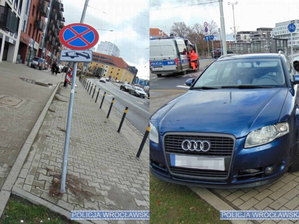 Wrocławianka zawisła na znaku drogowym 