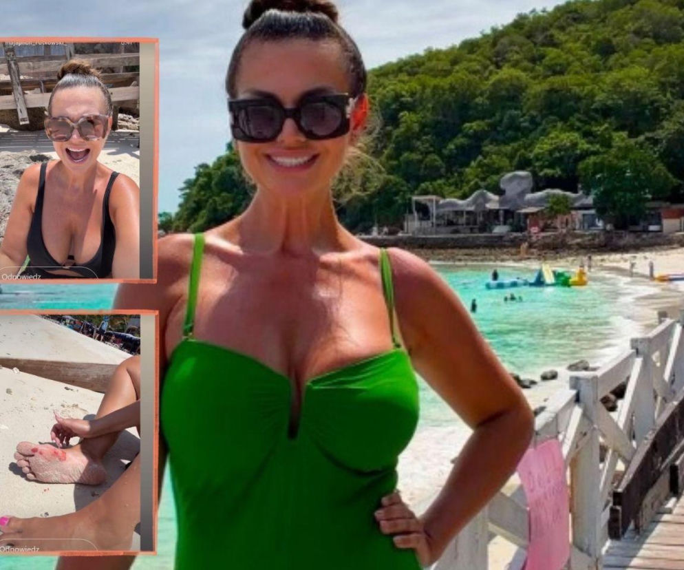 Maja Rutkowski na plaży w Tajlandii. Na miniaturze obok zakrwawiona stopa kobiety. O wypadku przeczytasz na SE.