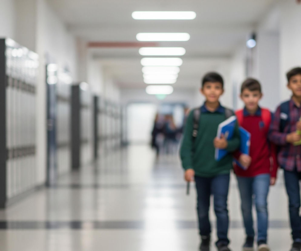 Trzech chłopców idzie korytarzem w kierunku widza, ich twarze są częściowo niewyraźne, z wyjątkiem ich uśmiechniętych ust. Po lewej stronie chłopiec ma na sobie zieloną bluzę i niebieskie dżinsy, trzymając w lewej ręce niebieski segregator. Środkowy chłopiec ubrany jest w czerwoną bluzę i niebieskie dżinsy, a po prawej stronie chłopiec w koszuli w kratę i ciemnych dżinsach, trzymając zielony segregator. Korytarz jest szeroki, z jasnymi, poziomymi lampami na suficie i rzędami jasnych szafek po lewej stronie.