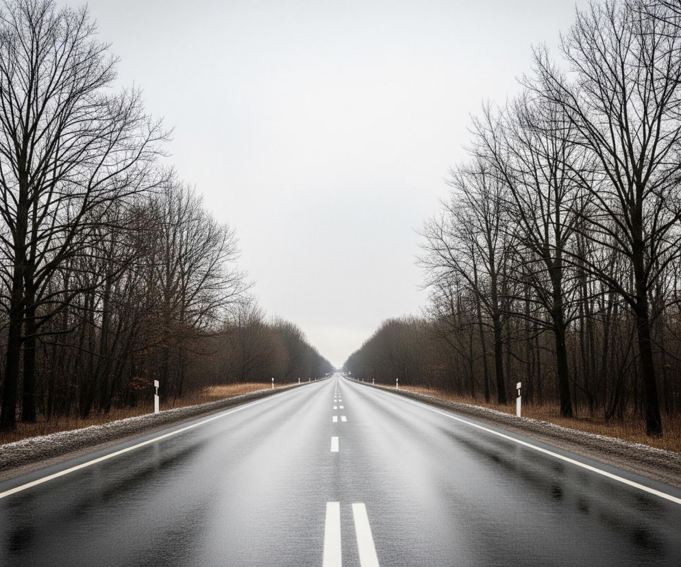 Na obrazie dominująca jest długa, prosta droga asfaltowa biegnąca w oddali, zbiegająca się w punkcie na horyzoncie. Droga jest mokra i odbija światło, tworząc jasne pasy na ciemnej powierzchni. Po obu stronach drogi rozciąga się pasmo gołych drzew, tworzących ciemne sylwetki na tle jasnego, zachmurzonego nieba. Na poboczach, tuż obok asfaltu, widać cienką warstwę białego śniegu lub szronu, a dalej suchą, brązową trawę i krzewy. Co kilkadziesiąt metrów wzdłuż drogi po obu stronach stoją białe słupki drogowe z czarnym zakończeniem.