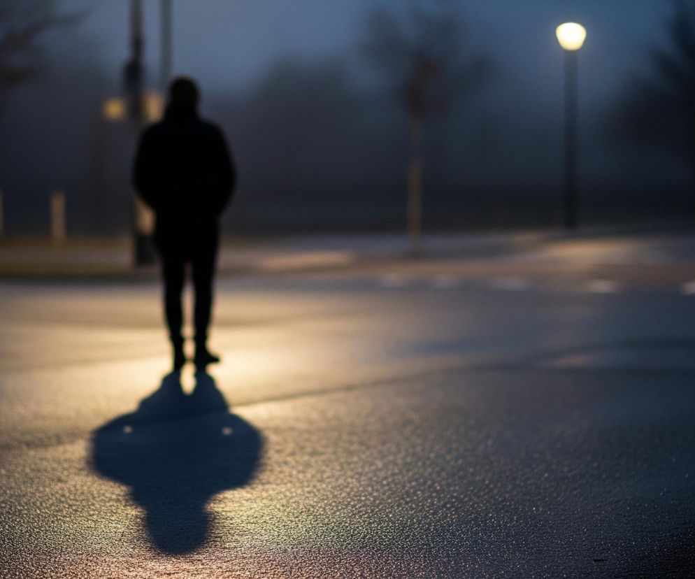 Na pierwszym planie, centralnie, widać niewyraźną sylwetkę osoby, zwróconej plecami do widza. Osoba ma na sobie ciemne ubranie, prawdopodobnie kurtkę z kapturem. Pod nią rozciąga się długi, rozmyty cień padający na mokrą, asfaltową nawierzchnię. Cień jest znacznie szerszy niż sylwetka osoby. Nawierzchnia, na którą pada cień, jest oświetlona ciepłym, żółtawym światłem, prawdopodobnie z niewidocznego źródła lub latarni ulicznej.

W oddali, po prawej stronie, widać rozmazaną latarnię uliczną z jasno świecącą lampą. Tło stanowi zamglony krajobraz z niewyraźnymi zarysami drzew i innych obiektów, w odcieniach szarości i błękitu, co sugeruje wczesny poranek lub zmierzch. Całość obrazu jest ciemna i nastrojowa, z wyraźnym kontrastem między oświetlonym pierwszym planem a rozmytym, zamglonym tłem.