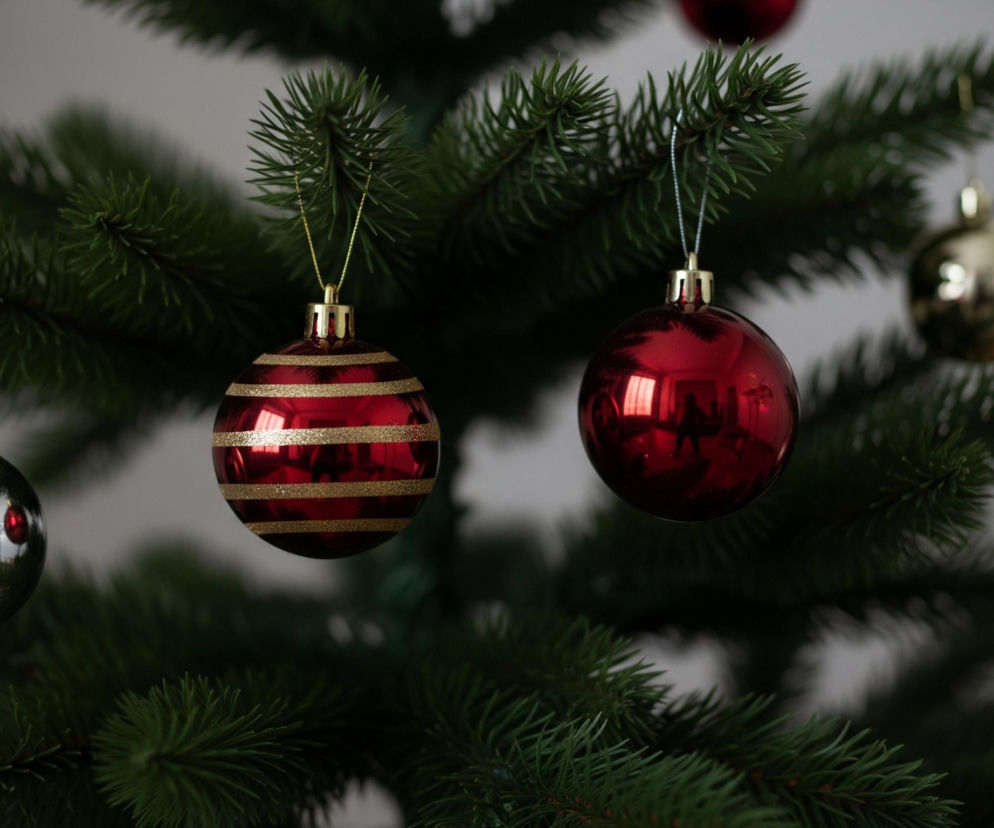 Na pierwszym planie, w centrum, znajduje się sztuczne drzewko iglaste z ciemnozielonymi igłami, ozdobione kulistymi bombkami. Po lewej stronie wisi srebrna bombka o lustrzanej powierzchni, w której odbija się postać człowieka oraz fragmenty pomieszczenia. Obok niej, nieco po prawej, widoczna jest czerwona bombka ze złotymi, brokatowymi pasami, a następnie kolejna, gładka, czerwona bombka. W tle po prawej stronie znajduje się rozmazana, złota bombka, a niżej, częściowo widoczna, matowa, srebrna bombka.