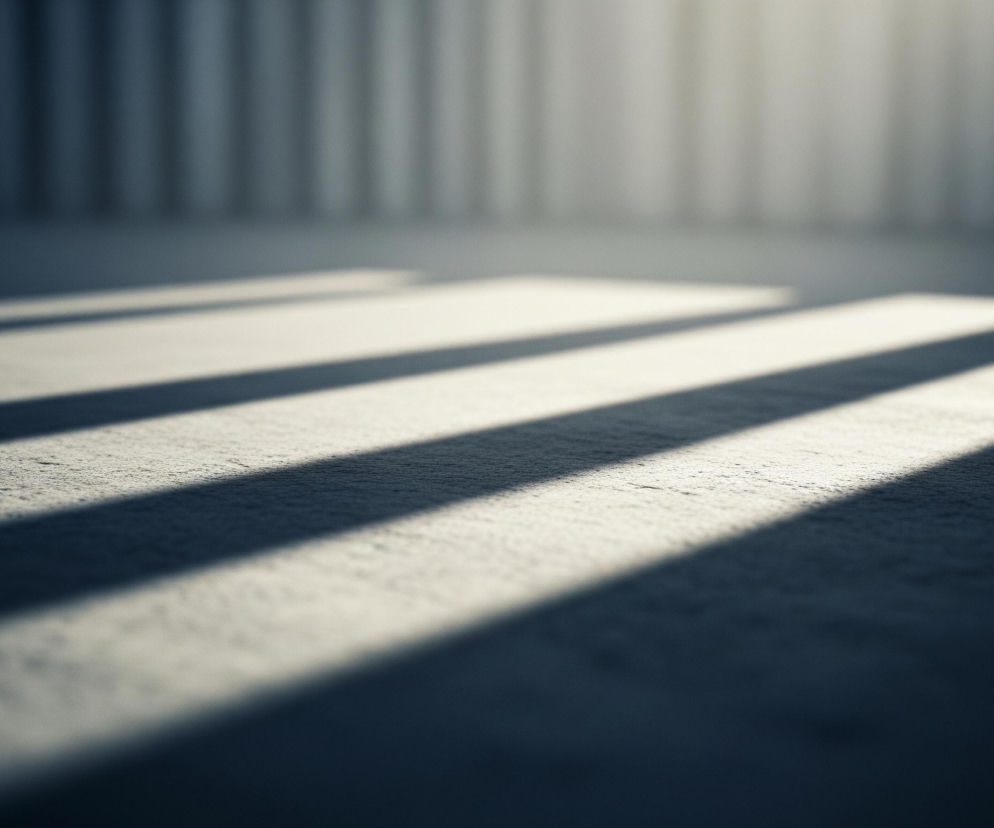 Na pierwszym planie widoczna jest szara, chropowata powierzchnia, oświetlona równoległymi pasami jasnego światła. Pasma światła są rozmieszczone naprzemiennie z ciemnymi cieniami. W tle znajduje się pionowo żebrowana, rozmyta ściana, na którą również padają jasne pasma światła, tworząc wrażenie lameli lub żaluzji. Kompozycja utrzymana jest w chłodnych odcieniach szarości i błękitu, z miejscowymi, ciepłymi przebłyskami światła.