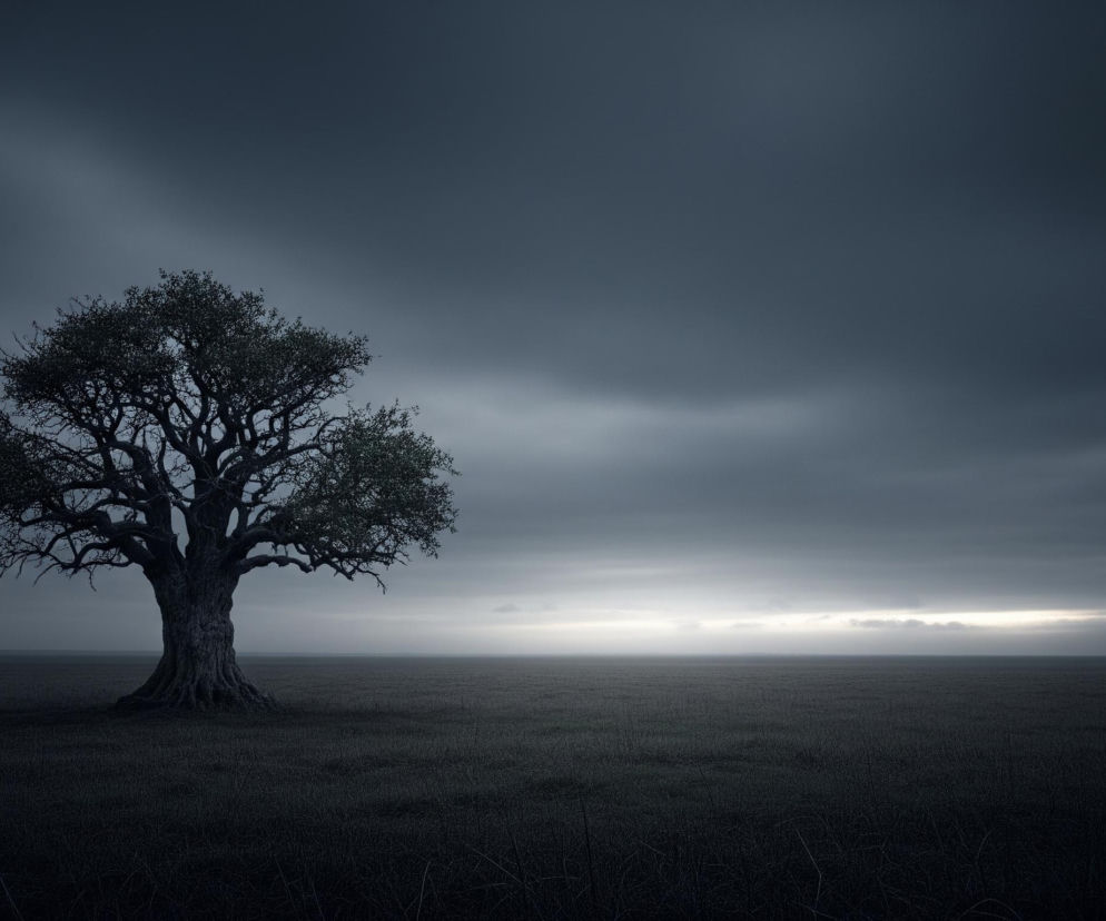 W centrum kadru rośnie samotne, rozłożyste drzewo z gęstą, ciemną koroną i grubym, potężnym pniem. Scenerię wypełnia mroczny, zachmurzony krajobraz z niebiesko-szarym niebem, które w dolnej części horyzontu rozjaśnia się pasem białego światła. Pod drzewem rozciąga się bezkresne pole ciemnej trawy lub niskiej roślinności, o jednolitej, monotonnej teksturze, tworząc nastrój surowości i melancholii.