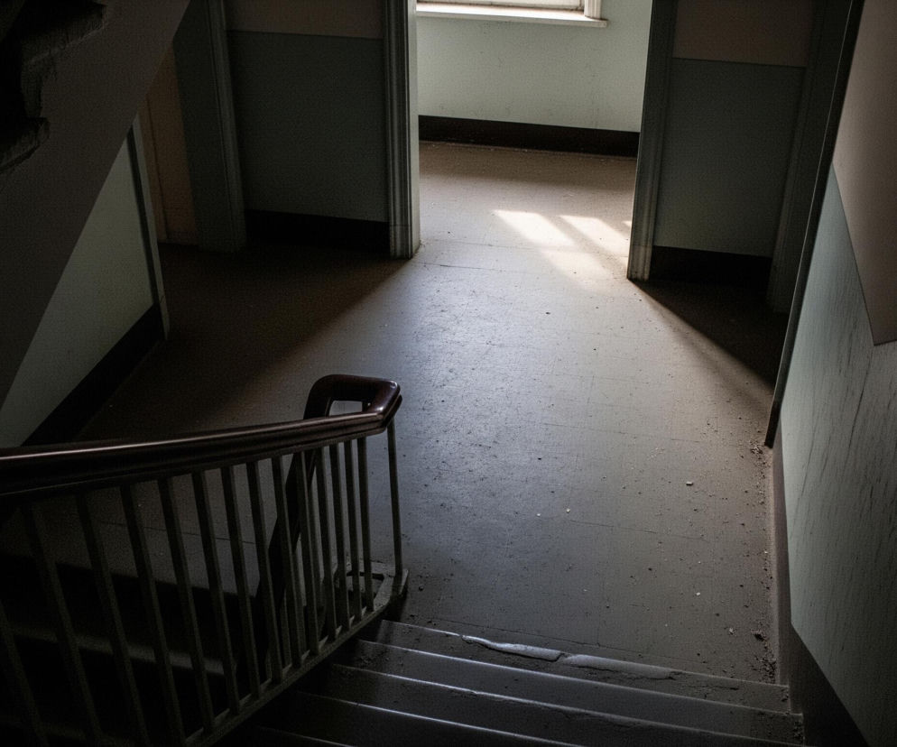 Ciemną klatkę schodową i korytarz, oświetlony częściowo światłem wpadającym przez okno. Na pierwszym planie widać fragment schodów z drewnianą poręczą i pionowymi, metalowymi tralkami, które schodzą w dół po lewej stronie. Na podłodze korytarza widoczne są plamy światła oraz ciemne smugi cienia, a powierzchnia podłogi jest wyraźnie zakurzona i zaśmiecona drobnymi cząstkami. Po prawej stronie widać otwarte drzwi prowadzące do kolejnego pomieszczenia, gdzie światło dzienne mocniej rozświetla podłogę i fragment ściany.