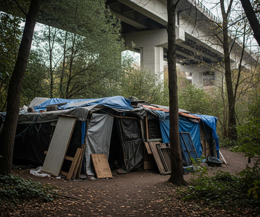 W centrum obrazu znajduje się prowizoryczny namiot lub szałas, zbudowany głównie z niebieskich i czarnych plandek, z fragmentami szarego materiału. Konstrukcja jest umiejscowiona w lesie, otoczona drzewami i krzewami z zielonymi liśćmi, a podłoże pokrywają brązowe, opadłe liście. W tle widoczny jest betonowy wiadukt lub most, wsparty na solidnych filarach, który przebiega nad obszarem leśnym.