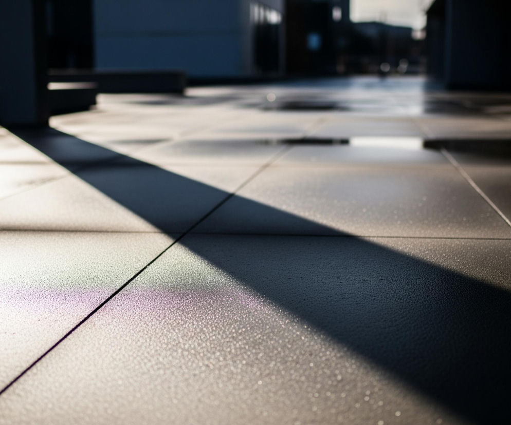 Posadzka z ciemnych, matowych płytek dominuje obraz, pokryta drobnymi kroplami wody, tworzącymi połyskujące punkty w świetle. Przez środek kadru przebiega długi, ostro zarysowany cień, dzieląc posadzkę na jasno oświetloną i ciemniejszą część. W oddali, niewyraźne, ciemne kształty budynków rozciągają się w tle.