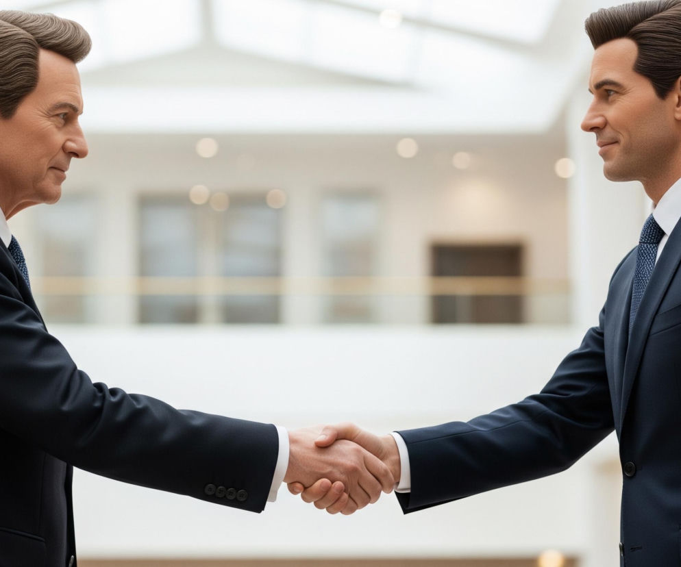 Dwóch mężczyzn w granatowych garniturach i białych koszulach uściskuje sobie dłonie, patrząc na siebie profilowo. Po lewej stronie widać mężczyznę z ciemnobrązowymi, falowanymi włosami, patrzącego w prawo. Po prawej stronie znajduje się młodszy mężczyzna z ciemnymi, zaczesanymi do tyłu włosami, patrzący w lewo. Obaj mają na sobie krawaty w granatowo-białe wzory, a ich dłonie spotykają się w centrum obrazu, na tle rozmytego, jasnego wnętrza budynku z widocznymi elementami architektonicznymi i oświetleniem.