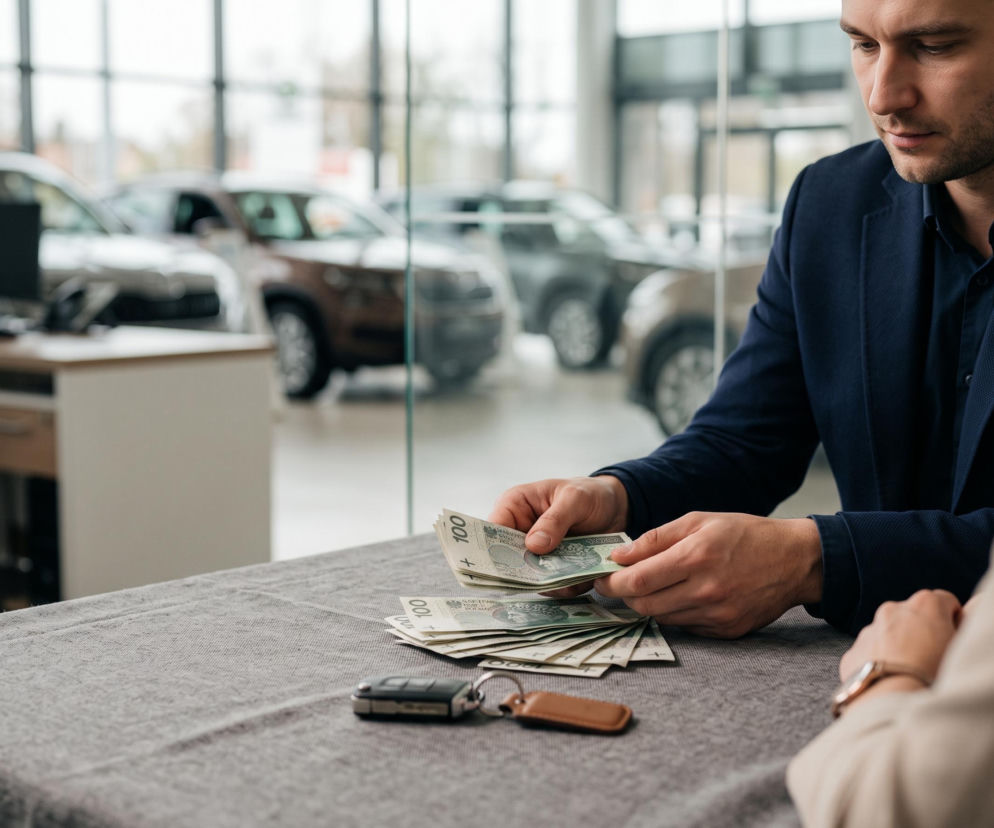 Mężczyzna w salonie aut liczy banknoty 100-złotowe. O zarzutach UOKiK dla AAA Auto przeczytasz na SE Superbiz.