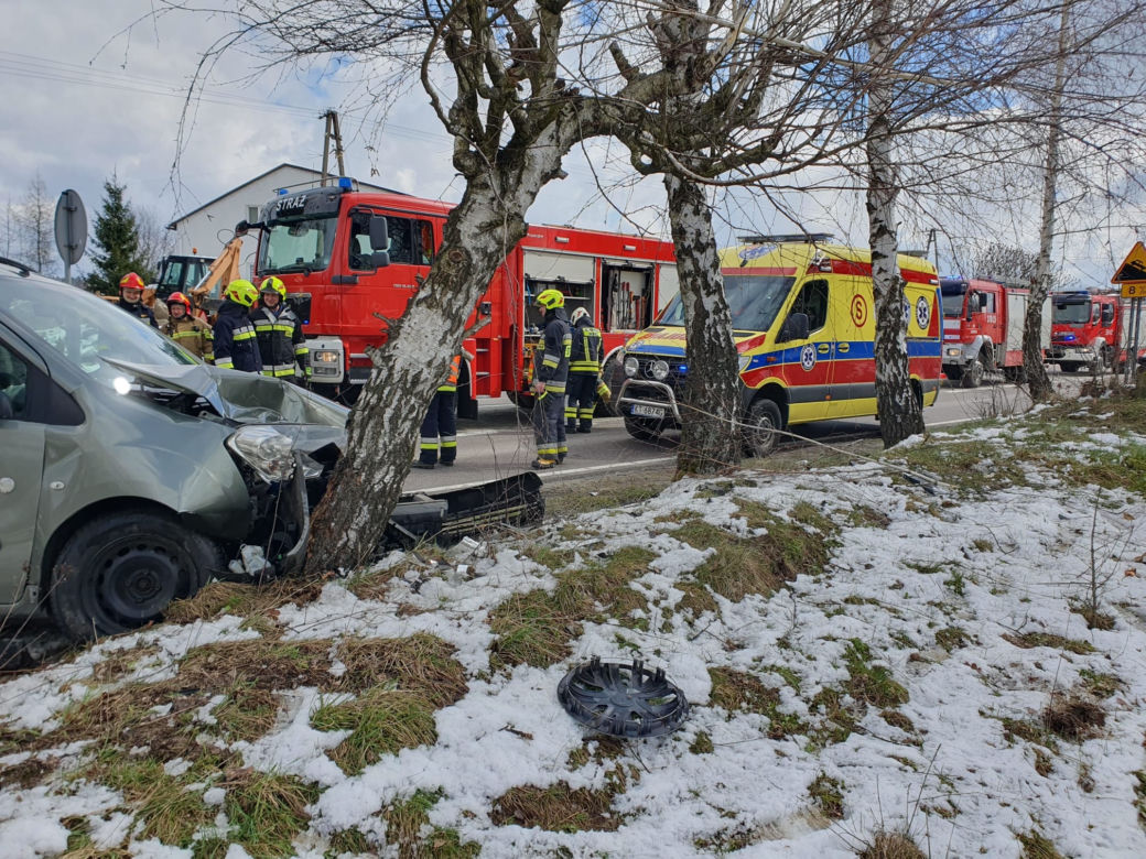 Kraksa pod Tarnowem. Wypadł z jezdni i rozbił peugeota o przydrożne drzewo
