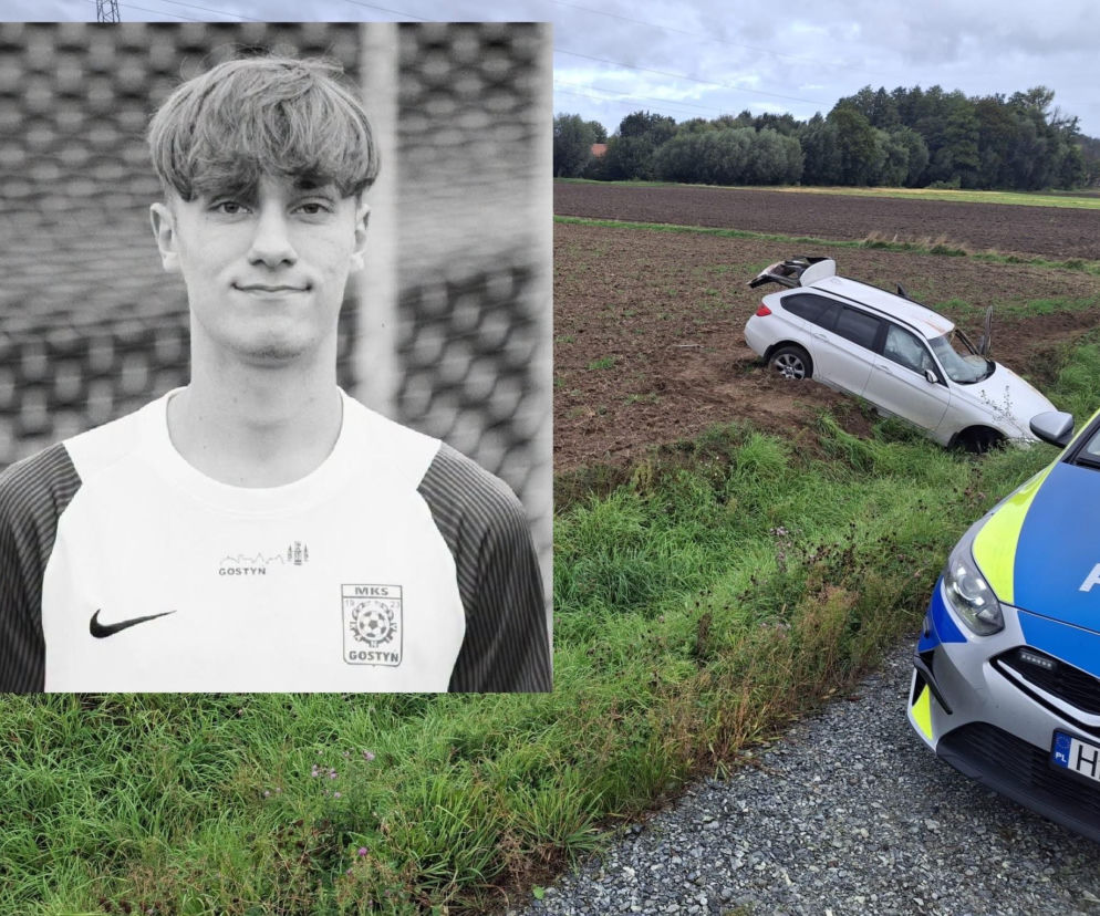 Rozbite białe auto na polu obok radiowozu. Na wstawce piłkarz Oskar Kordus. O tragedii przeczytasz na Eska Leszno.