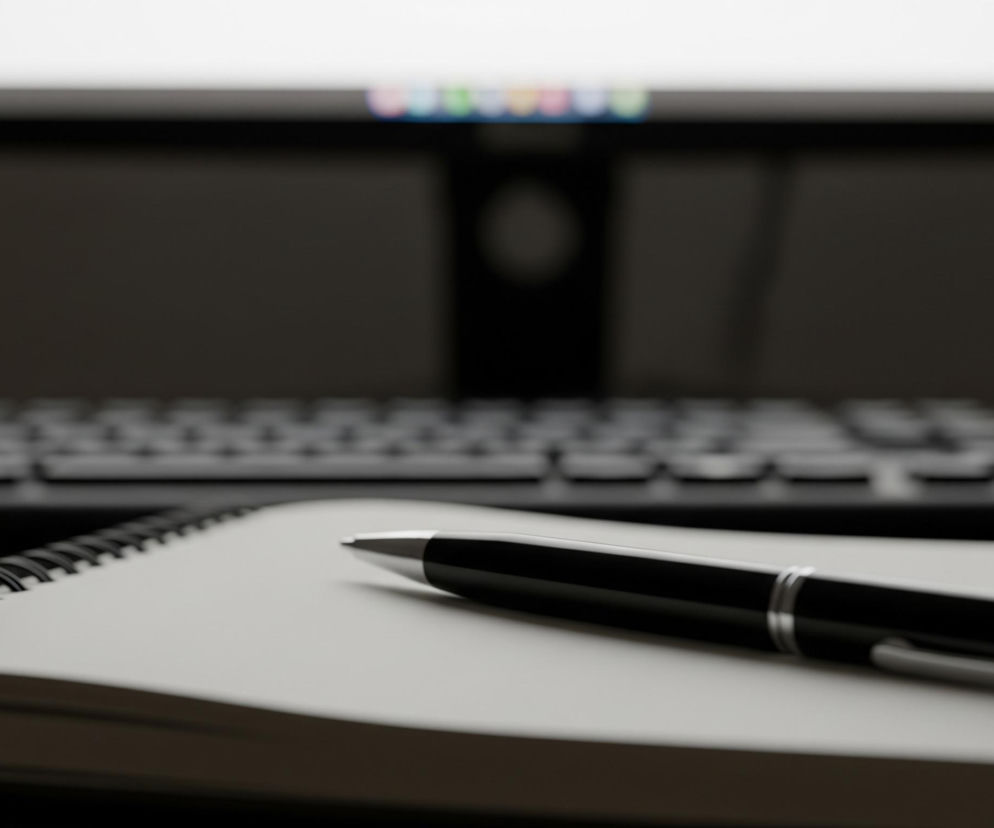 Na pierwszym planie leży otwarty notes ze spiralnym grzbietem i białe kartki, na których spoczywa czarny, błyszczący długopis z metalowymi, srebrnymi detalami. Dalej, za notesem, widać rozmyte klawisze klawiatury komputera w ciemnych barwach. W tle dominuje jasny, prostokątny ekran monitora emitujący białe światło, z niewyraźnymi ikonami w górnej części. Cała scena jest słabo oświetlona, co tworzy kontrast między jasnym ekranem i kartkami a ciemnym otoczeniem.