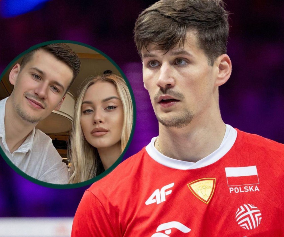 Siatkarz Szymon Jakubiszak w reprezentacyjnej koszulce. Na miniaturze obok z żoną Oliwią. O parze przeczytasz na SE.