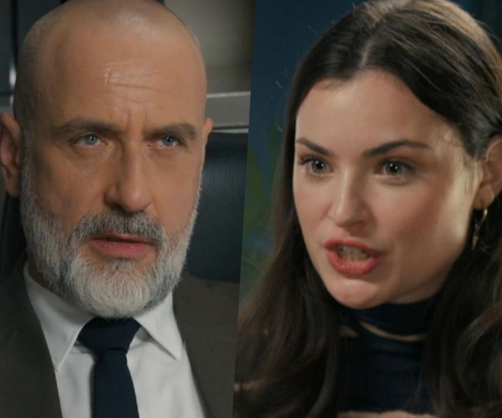 Kornel i Weronika w kadrze, z lewej łysy mężczyzna z siwą brodą w garniturze i krawacie, z prawej kobieta z długimi brązowymi włosami i otwartymi ustami, wyrażająca emocje. Konfrontacja bohaterów Barw szczęścia, o której przeczytasz więcej na Super Seriale.