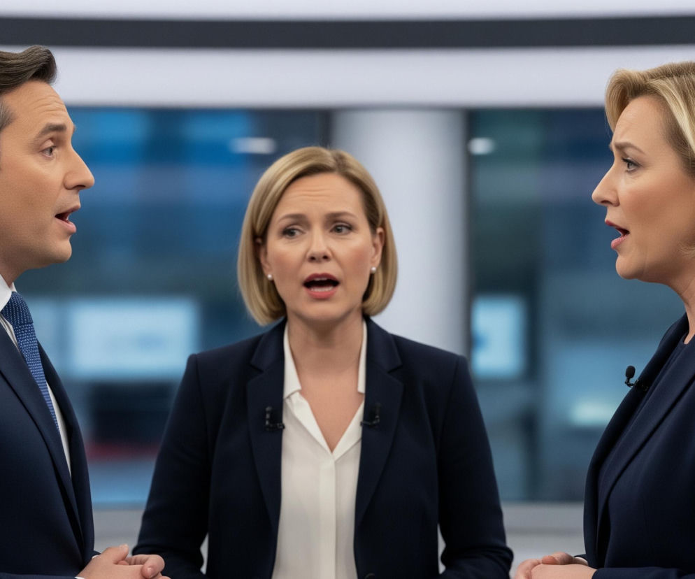 Trzy osoby, dwóch mężczyzn i kobieta, stoją naprzeciwko siebie w jasnym pomieszczeniu. Mężczyzna po lewej stronie, ubrany w granatowy garnitur i krawat w tym samym kolorze z drobnym wzorem, ma krótkie, ciemne włosy i otwiera usta, jakby mówił. Kobieta pośrodku, o jasnych, krótkich włosach i białej bluzce pod granatową marynarką, patrzy w prawo z otwartymi ustami. Kobieta po prawej stronie, również w granatowej marynarce i z perłowymi kolczykami, ma jasne, krótkie włosy i również otwiera usta, jakby zabierała głos.