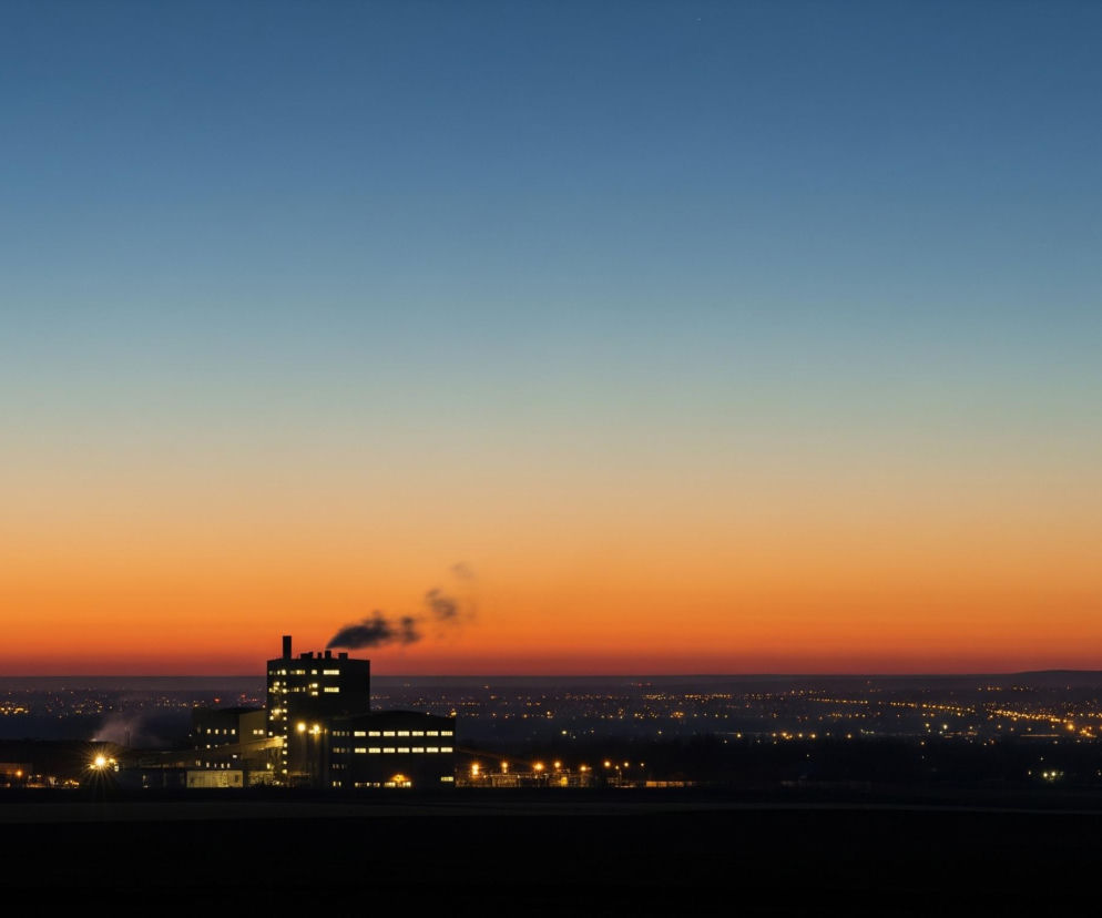 Dominującym elementem jest szerokie niebo o gradientowym zabarwieniu, przechodzącym od ciemnoniebieskiego u góry, przez błękit, do intensywnego pomarańczowo-czerwonego przy horyzoncie. Na tle tego nieba, w dolnej części obrazu, widoczny jest rozległy krajobraz miejski w nocy, z licznymi, rozświetlonymi punktami świateł, rozciągającymi się aż do linii horyzontu. W centrum kadru wznosi się kompleks budynków przemysłowych o ciemnych fasadach, z jasno świecącymi prostokątnymi oknami i lampami zewnętrznymi, z których jeden komin emituje smugę ciemnego dymu. Na pierwszym planie, u dołu obrazu, rozciąga się ciemny, niewyraźny obszar gruntu, kontrastujący z jaśniejszym tłem.