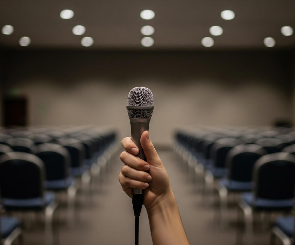 Centralnym elementem jest dłoń trzymająca mikrofon, uniesiona w górę, zajmująca dolną, środkową część kadru. Mikrofon ma metalową, siatkową główkę i ciemnoszary korpus, z widocznym czarnym kablem. W tle rozciąga się pusta sala konferencyjna z rzędami ciemnych krzeseł, ułożonych symetrycznie po obu stronach. Sufit jest jasny, z licznymi rozproszonymi, okrągłymi światłami. Cała scena jest utrzymana w stonowanych, ciemnych barwach z dominującym brązem, szarością i granatem.