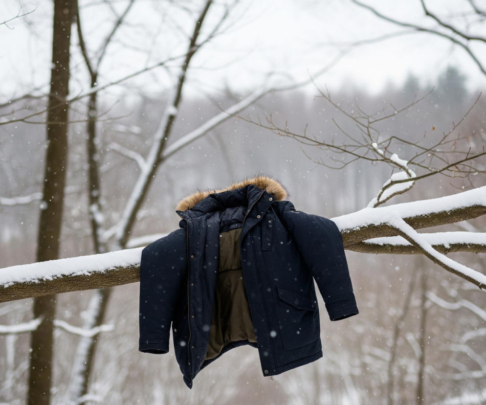 Ciemnoniebieska parka z brązowym futrem przy kapturze wisi na ośnieżonej gałęzi drzewa. Wnętrze kurtki jest oliwkowo-zielone. Tło stanowi zamglony, zimowy las z ośnieżonymi gałęziami drzew i widocznym opadem śniegu.