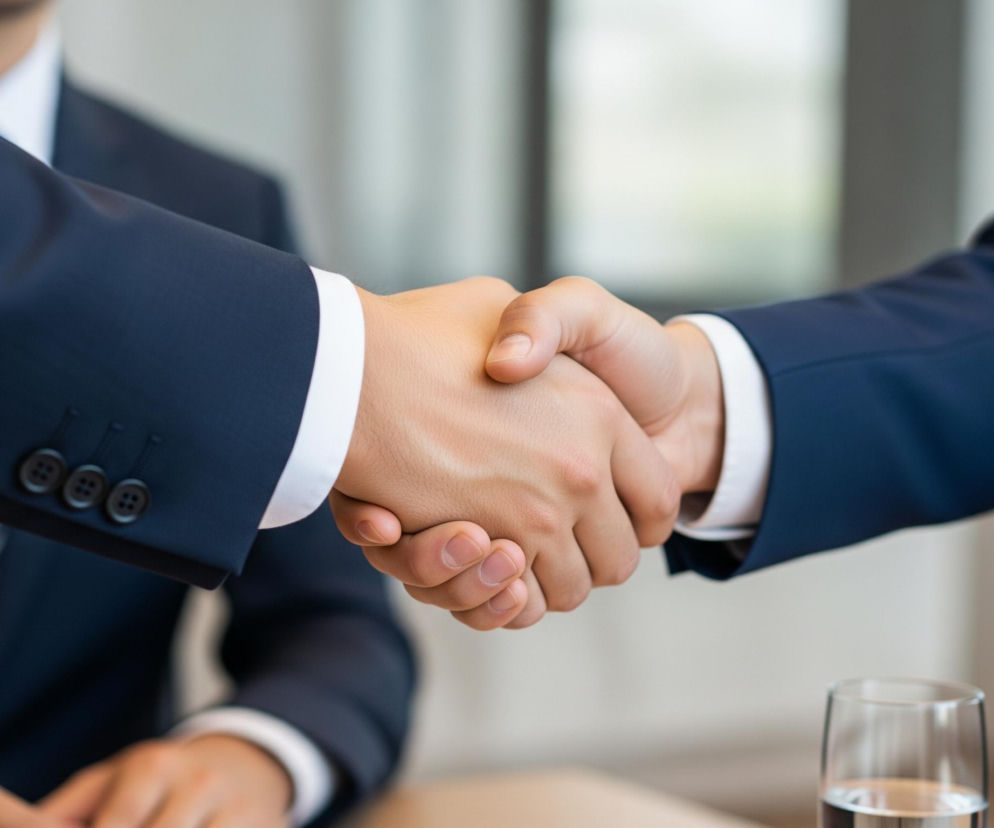 Dwie osoby, ubrane w granatowe garnitury i białe koszule, ściskają sobie dłonie w centrum kadru. Ręce są jasnej karnacji, a białe mankiety koszul wystają spod rękawów marynarek. W tle, po lewej stronie, widoczna jest część torsu jednej z osób z krawatem, a po prawej, na pierwszym planie, stoi szklanka z wodą na jasnym blacie. Tło jest rozmyte, ukazując jasne, neutralne kolory.