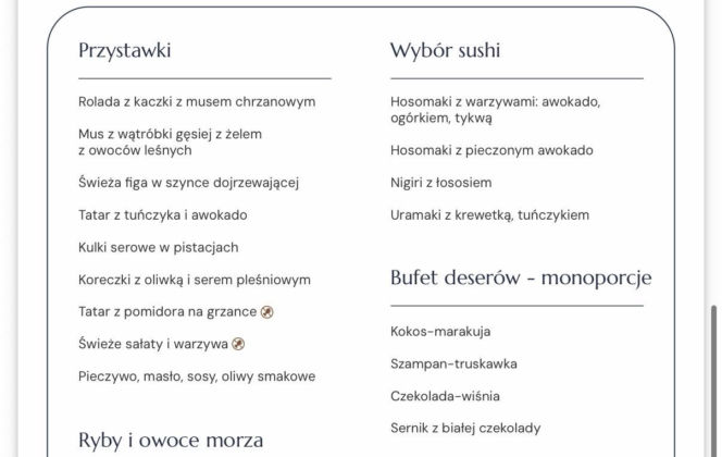 Menu andrzejkowe hotel Gołębiewski Pobierowo