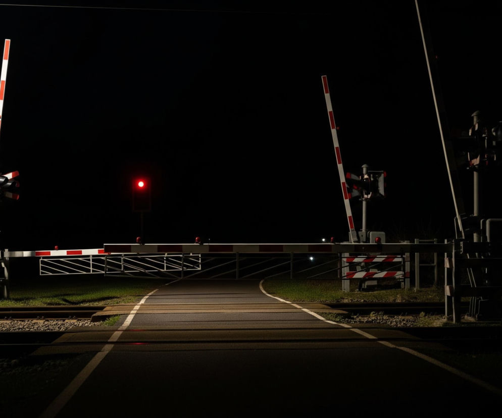 Scena przedstawia przejazd kolejowy w nocy. Głównymi elementami są dwa podniesione szlabany kolejowe, oba o biało-czerwonych pasach, oraz opuszczona biało-czerwona zapora przez całą szerokość drogi. Po lewej stronie górny szlaban jest ustawiony pionowo, z czerwonym światłem u podstawy, a obok niego widoczne są sygnalizatory świetlne z dwoma czerwonymi, włączonymi światłami. Prawy górny szlaban jest również pionowy, a obok niego także stoją sygnalizatory z dwoma czerwonymi, świecącymi światłami. Pomiędzy szlabanami i zaporą, w oddali, widać pojedyncze, czerwone światło w górnej centralnej części obrazu. Cała scena jest oświetlona, a światła odbijają się od mokrej nawierzchni asfaltowej drogi i metalowych elementów torów.