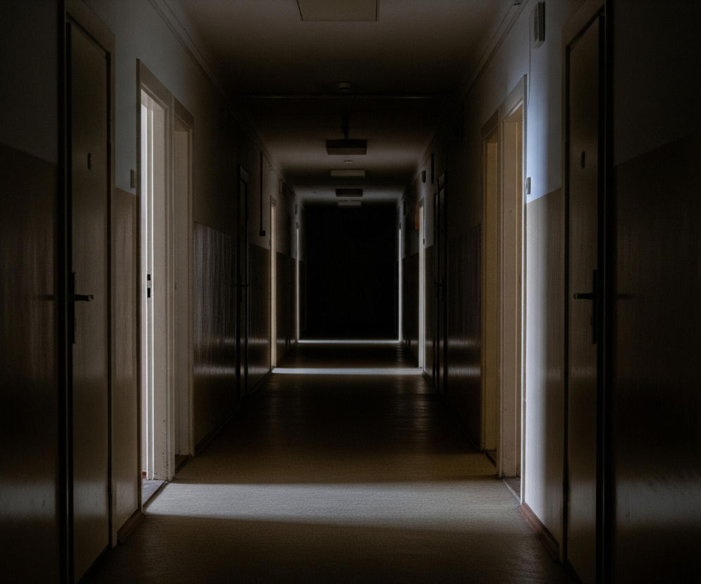 Długi, ciemny korytarz rozciąga się w głąb obrazu, znikając w całkowitej ciemności na horyzoncie. Po obu stronach korytarza widoczne są zamknięte drzwi, ułożone w równych odstępach, z których niektóre są lekko uchylone, tworząc pionowe pasy jasnego światła w ciemnym otoczeniu. Światło z tych uchylonych drzwi pada na podłogę, tworząc na niej jasne, prostokątne plamy, które kontrastują z ciemnym brązem podłogi i ścian. Ciemne ściany korytarza mają jaśniejsze, szare pasy tuż pod sufitem, który również jest ciemny, ale z widocznymi prostokątnymi elementami oświetlenia rozmieszczonymi wzdłuż sufitu.
