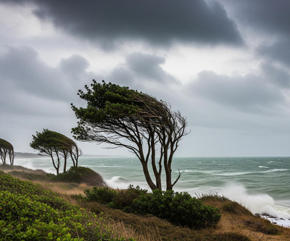 Na pierwszym planie, po prawej stronie, dominuje wysokie drzewo o ciemnozielonych liściach, z pniem rozdzielającym się na kilka konarów i koroną pochyloną w lewą stronę, co świadczy o silnym wietrze. Za nim, w rzędzie, widoczne są kolejne mniejsze drzewa, również pochylone. Zielona, gęsta roślinność porasta zbocze wzniesienia schodzącego w stronę morza, gdzie spienione fale uderzają o skalisty brzeg. Nad wzburzonym, turkusowo-zielonym morzem unosi się ciężkie, ciemnoszare zachmurzenie, z jaśniejszym pasmem u horyzontu.