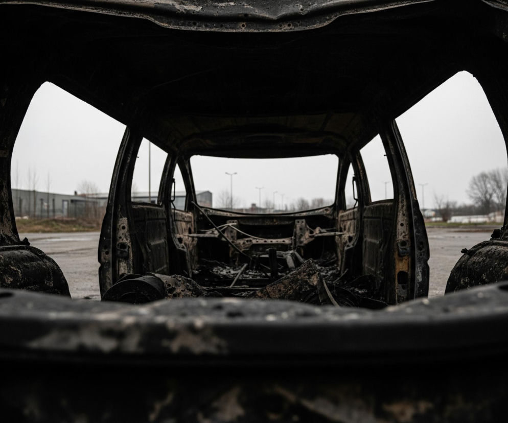 Wnętrze spalonego samochodu, ukazując jego zniszczoną strukturę z perspektywy tylnej części. Dominują ciemne, spalone elementy wnętrza pojazdu, takie jak nadpalone siedzenia, zardzewiałe i pokrzywione metalowe ramy, oraz resztki instalacji kablowych. Na dalszym planie, poza ramami okiennymi, widać szare, zachmurzone niebo, a także niewyraźne, odległe budynki i rzadkie drzewa pozbawione liści, co sugeruje późną jesień lub zimę.