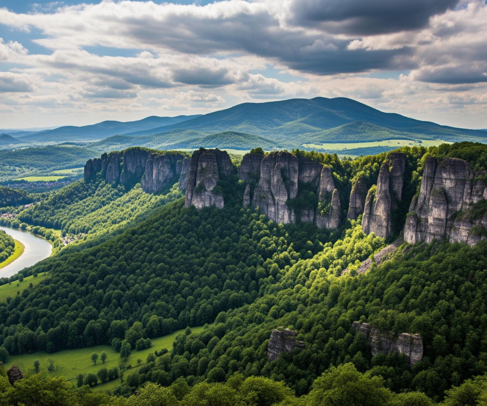 Rozległa dolina rzeki, wije się przez gęste, zielone lasy, otoczona formacjami skalnymi i wzgórzami. Wysokie, szare klify o pionowych pęknięciach wznoszą się z lewej strony, a po prawej stronie, na stokach pokrytych drzewami, również widoczne są podobne, skaliste występy. Daleko w tle rozciągają się kolejne pasma górskie o niebieskawym odcieniu, a ponad nimi błękitne niebo z białymi i szarymi chmurami.