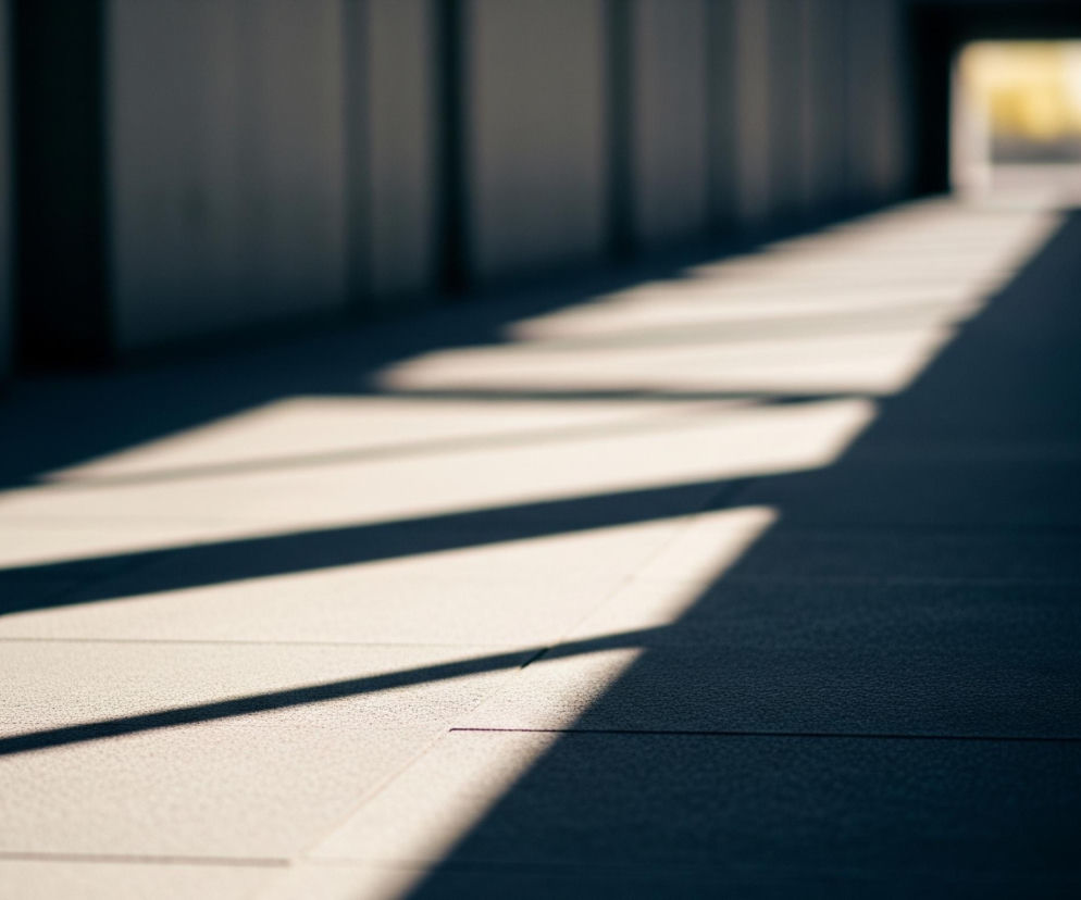 Długi, wąski korytarz rozciąga się w głąb obrazu, znikając w oddali w prostokątnym otworze, z którego bije jasne, żółte światło. Na podłodze widoczne są naprzemienne pasy światła i cienia, tworzące geometryczny wzór. Ściany po obu stronach korytarza są jasnoszare i gładkie, z widocznymi prostokątnymi wnękami lub drzwiami, rzucającymi swoje cienie.